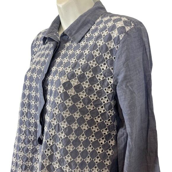 Ann Taylor Loft Softened Shirt Eyelet Embroidered Long Sleeve Button Up Top sz M - Picture 8 of 16